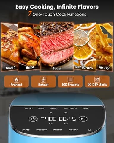 Nuwave Brio Plus Air Fryer 8 Qt, New & Improved, PFAS-FREE, 7 Digital One-Touch Cook Functions that AIR FRY, BAKE, ROAST, DEHYDRATE, TOAST, REHEAT, PREHEAT, 150 Presets, 50°F~400°F (Cozy Blue) - Image 2