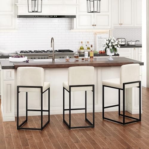 PHI VILLA Leather Bar Stools Set of 3, Modern Counter Height Bar Stool Kitchen Counter Chairs, 24 Inch Barstools with Back - Image 1