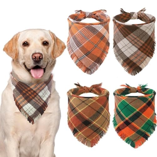 KOOLTAIL Thanksgiving Fall Dog Bandanas 4 Pack - Soft Breathable Washable Plaid Pet Scarf Bibs Kerchief, Dog Autumn Costume, Holiday Triangle Towel for Girl Boy Small Medium Large Dogs Cats, Orange L - Image 1