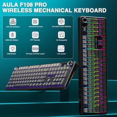 AULA F108 PRO - Wireless Mechanical Keyboard with Screen & Knob,Full Size Keyboard with 8000mAh Battery,Pre-lubed Switches,Side Printed PBT Keycaps,RGB Backlit Hot Swappable Custom Gaming Keyboards - Image 2