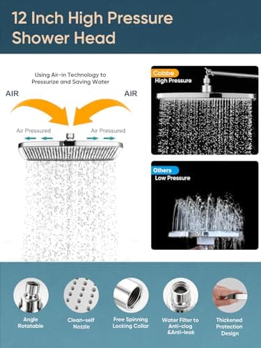 Cobbe 12'' Rain Shower Head with Extension Arm - Dual Shower Heads with 8 Modes Handheld Spray Combo - Wide RainFall shower with Anti-Clog Nozzles, Adhesive Showerhead Holder, Chrome - Image 5