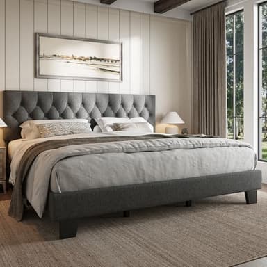 iPormis Upholstered King Size Bed Frame with Button Tufted Headboard, Linen Platform Bed with Thickened Support Legs, Noise-Free/No Box Spring Needed/Easy Assembly, Dark Grey - Image 8