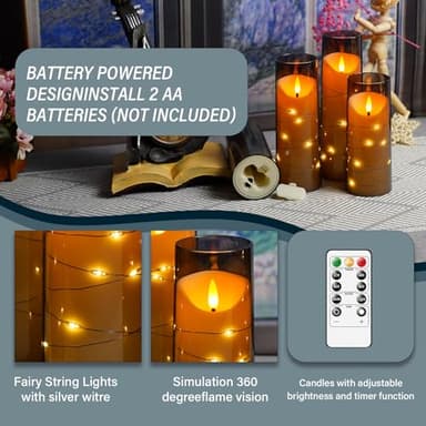 Eebuss Flameless Candles with Embedded Star String, Battery Operated LED Pillar Candles with Timer and Remote Control,Home Decorating for Ambiance， Set of 9(Grey) - Image 6