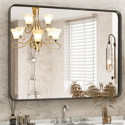 DUMOS Black Vanity Bathroom Mirror for Wall, Metal Framed Rounded Rectangular Modern Mirrors for Over Sink, 30x40 Inch for Farmhouse, Tempered Glass, Hangs Horizontally or Vertically - Image 1