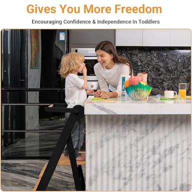 COSYLAND Foldable Toddler Standing Tower - Adjustable Height Folding Step Stool Kid Toddler Kitchen Stool Helper for Learning and Cooking - Ages 18 Months to 6 Years with safety Net Natural & Charcoal - Image 2