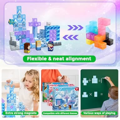 Magnetic Blocks - 100Pcs 0.8in Magnetic Building Block for Kids Ages 4-8, Transparent Magnet Block for Blue Princess Castle Build, Magnet Cubes Tiles Princess Toy for Girl 3 4 5 6 7 8-12 Birthday Gift - Image 6