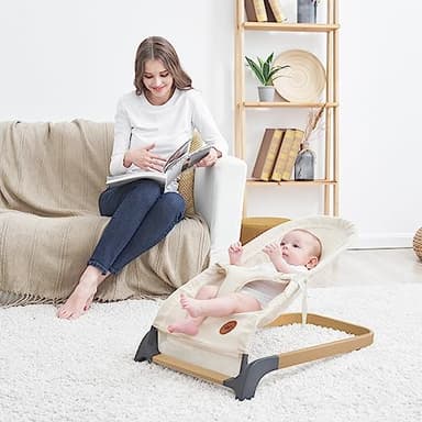 ANGELBLISS Baby Bouncer, Portable Bouncer Seat for Babies, Infants Bouncy Seat with Mesh Fabric, Natural Vibrations (Beige) - Image 7