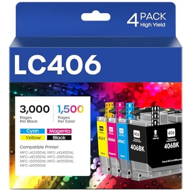 LC406 Ink Cartridges Compatible for Brother LC406 LC406XL LC 406 XL Work for Brother MFC-J4335DW MFC-J5855DW MFC-J4535DW MFC-J6555DW MFC-J6955DW Printer (4 Pack, Black, Cyan, Magenta, Yellow) - Image 1