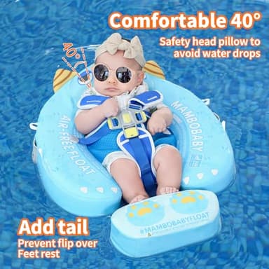 Mambobaby Float Add Tail No Flip Over Non-Inflatable Baby Swim Float Pearl Foam Solid Water Floats Smart Swim Trainer Infant Pool Float Swim Ring with Sun Canopy - Image 4