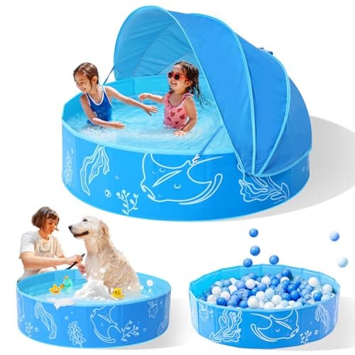 Hikiddy Foldable Kiddie Pool with Canopy: 47in Baby Pool and Beach Tent for Toddlers Infants 6-12 Months and Kids 2-4 Years Old - Portable Water Play with Shade for Outdoor Backyard Beach (Blue-Blue) - Image 1
