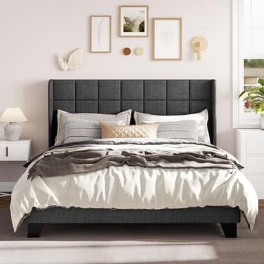 Allewie Queen Size Platform Bed Frame with Wingback, Fabric Upholstered Square Stitched Headboard and Wooden Slats, Mattress Foundation, Box Spring Optional, Easy Assembly, Dark Grey - Image 3