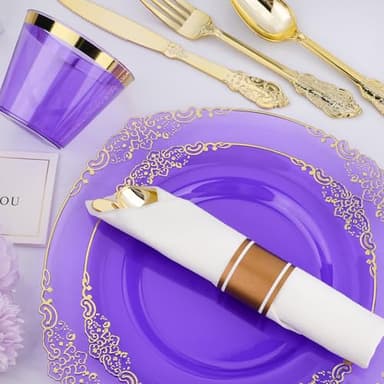 Bestluck 350 PCS Purple and Gold Plastic Plates, Disposable Dinnerware Set for 50 Guests, 100 Disposable Plates, 150 Silverwares, 50 Cups, 50 Napkins for Party, Wedding, Graduation - Image 3