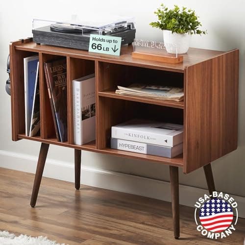 LOFT + IVY Record Player Stand with Vinyl Storage – Turntable Table with Shelves and Backboard – Walnut Wood Frame Vinyl Record Storage with Headphone Hook – Compact Audio Stand with Stabilizers - Image 1