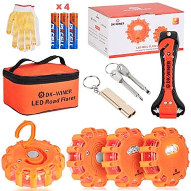 DK-WINER LED Road Flares Roadside Emergency car kit Emergency Road Flares Kit with Magnetic Base for Vehicles & Boat | 9 Flash Modes(with Batteries) (4Pack-Tool Kit) - Image 1