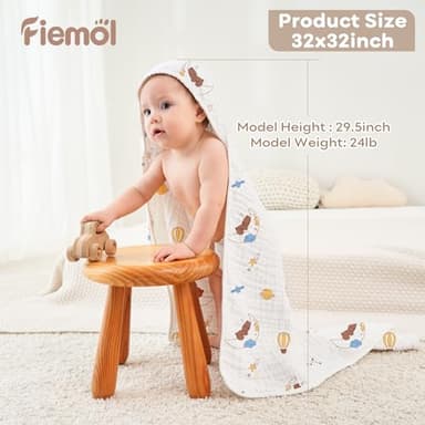 FIEMOL Baby Bath Towels, 100% Muslin Cotton Hooded Baby Towels for Newborn, 2 Pack Baby Towels with Hood for Infant Toddler and Kids, Large 32x32Inch, Soft and Absorbent - Image 4