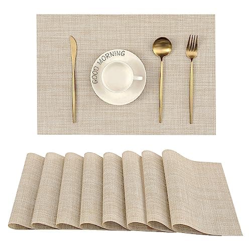 Leetaltree Beige Placemats Set of 8 - Heat Resistant Non-Slip Place mats for Dining Table, Washable Durable PVC Vinyl Woven Table Mats（Beige, 8） - Image 1