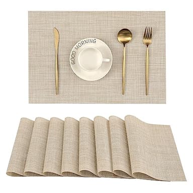 Leetaltree Beige Placemats Set of 8 - Heat Resistant Non-Slip Place mats for Dining Table, Washable Durable PVC Vinyl Woven Table Mats（Beige, 8） - Image 1