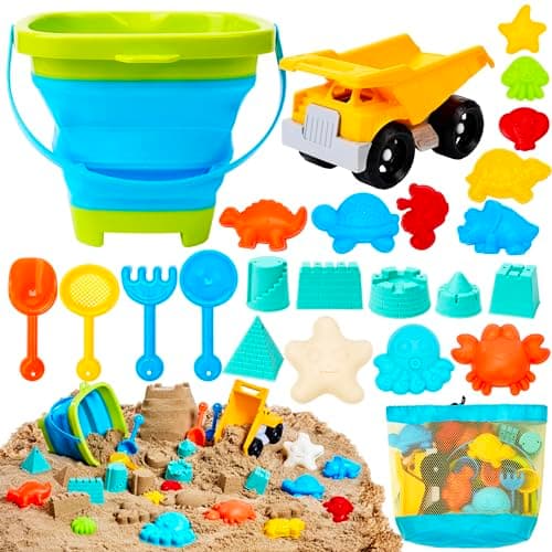 Sloosh Beach Sand Toys Set - Dump Truck Car Toy with Sand Molds for Toddlers Outdoor Play, Collapsible Foldable Buckets Mesh Bag Shovels Castle Animal Mold Sets, Kids Ages Sandbox Toys (Animals) - Image 1