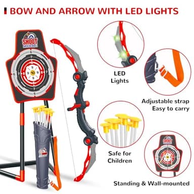 GMAOPHY 2 Pack Bow and Arrow Toy for 5 6 7 8 9 10 11 12 Year Old Boys, Birthday for Kids, Indoor Outdoor Sport Games Toys for Ages 4-8 8-12, LED Light Up Archery Set with 20 Toy Arrows (Red) - Image 6