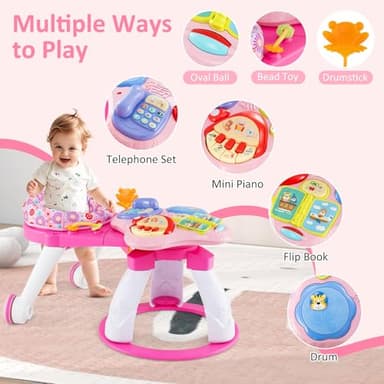 INFANS 3 in 1 Walk Around Baby Activity Center, Baby Walker with Play Table, Wheels, Detachable Seat Cushion, 3 Adjustable Heights, Learning Toys for Boys Girls Aged 6-36 Months (Pink) - Image 4