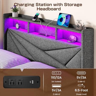 Driftalia Full Size Bed Frame with 4 Storage Drawers, Upholstered Full Bed Frame with LED Lights Headboard and Charging Station, No Box Spring Needed, Easy Assembly - Dark Grey - Image 4