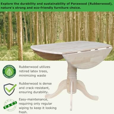 IC International Concepts, Round Dual Drop Leaf Pedestal Dining Table, Solid Real Wood, Sturdy Parawood, Dimensions 42"D x 42"W x 29.5"H, 40lbs Capacity, Paint/Stain Ready, Unfinished - Image 3