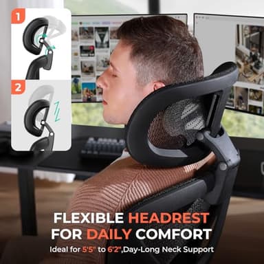 CAPOT Ergonomic Mesh Office Chair, Adjustable Lumbar High Back Desk Chair 400lbs, 4D Flip-up Arms, 3-Level Tilt Backrest, 3D Headrest, PU Wheels, Swivel Rolling Computer Seating for Long Desk Work - Image 5