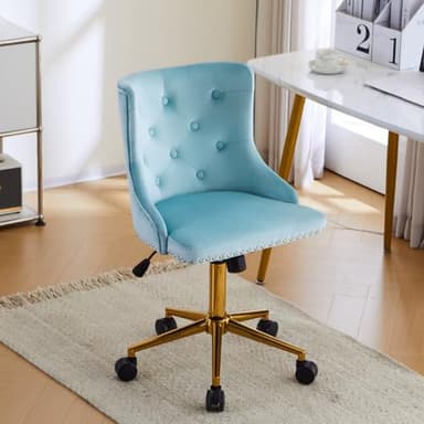 VINGLI Light Blue Armless Home Office Desk Chair with Gold Base/Wheels, Small Cute Vanity/Makeup Chair with Back for Bedroom, Upholstered Adjustable Rolling Swivel Nail Chair for Women/Girls - Image 8