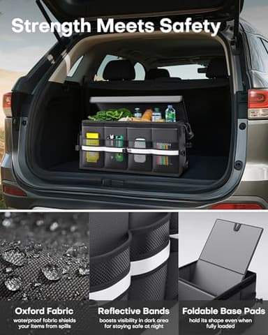 HOTOR Car Trunk Organizer - Foldable Trunk Organizer for SUV, Car Storage with Reflective Strips & Securing Cover, Large Capacity Car Accessories for Truck, Van & Sedan, Black, 22.1" x 12.6" x 11.0" - Image 4