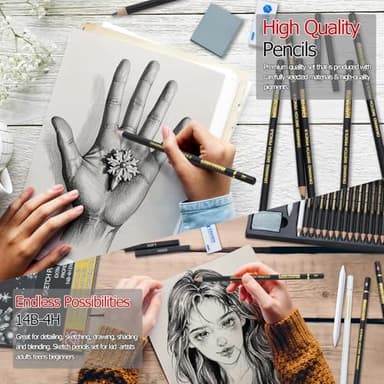 PANDAFLY 26-Piece Professional Sketch Pencil Set - Includes 4H to 14B Graphite Pencils, Charcoal Pencils, Charcoal Sticks, Vinyl Eraser, Kneaded Eraser, Sharpener, Blending Stump - Image 5