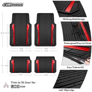 CAR PASS Heavy Duty Rubber Car Mats Metallic, Aluminum Film All Weather Floor Mats Waterproof Universal Trim to Fit Automotive SUV Sedan Van 4 Piece Anodized Deep Dish Two-Tone Sporty Black Red Chrome - Image 4