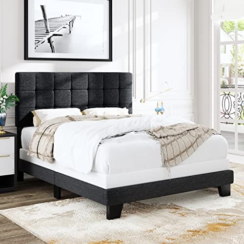 Allewie Full Size Panel Bed Frame with Adjustable Headboard for High Profile/Fabric Upholstered/Square Stitched Padded Headboard/Box Spring or Bunkie Board Required/Dark Grey - Image 1