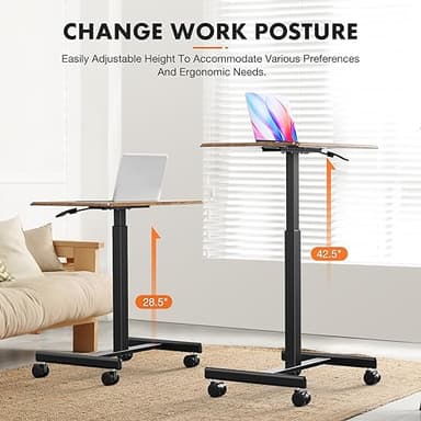 Sweetcrispy Mobile Small Standing Desk - Sit Stand Portable Rolling Laptop Desk with Lockable Wheels, Adjustable Height Computer Workstations, Brown - Image 4