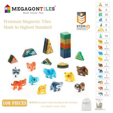 MEGAGONTILES 108 PCS Zoo Animals Magnetic Tiles Set,Magnet Building Blocks Farm World Toys,STEM AUTHENTICATED,Magnetic Animals for Kids Age 3 4 5 6 7 8 Toddlers Boys Girls - Image 2