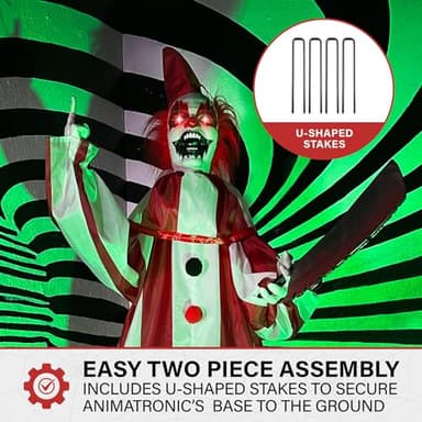 Haunted Hill Farm Lifesize Animatronic Scary Talking Clown Holding Knife with Touch Activated Lights and Sound, Battery-Operated Indoor or Covered Outdoor Halloween Decoration - Image 9