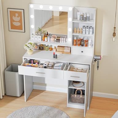Sweetcrispy Vanity Desk with Adjustable Lighten Mirror & Power Outlet, Makeup Desk for Bedroom with a Storage Cabinet and 3 Drawers, 4 Storage Shelves, White Dresser for Girls - Image 5