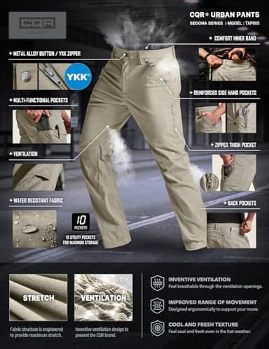 CQR Men's Vent Stretch Pants, Quick Dry Lightweight Casual Cargo Pants, Water Resistant Straight-Fit Utility Work Pants, Sedona Desert Sand, 36W x 32L - Image 7