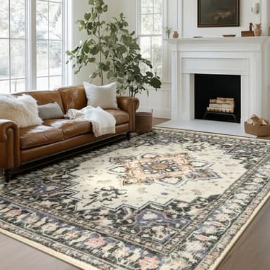 BESTSWEETIE 8x10 Area Rugs for Living Room, Washable Ultra Soft Boho Vintage Print Pattern Rug Non Slip Low Pile Carpet for Dining Room Bedroom Entryway Indoor-Black/Beige/Purple - Image 1
