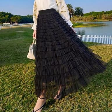 Flygo Women's Long Maxi Tulle Skirts A Line Ruffle High Waisted Tiered Layered Mesh Tutu Skirt Petticoat(Black-XL) - Image 3