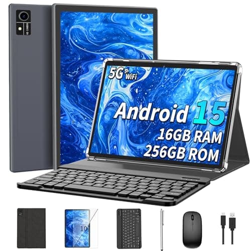 Android 15 Tablet with Keyboard, 16GB（8+8）RAM+256 Storage(Expand to 2TB), 8000mAh Battery, Widevine L1,10 Inch Tablets with 5G/2.4G WiFi, BT5.0, GMS Certified, with Mouse, Case, Stylus（Black Case） - Image 1