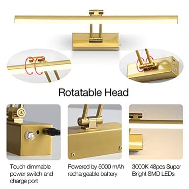 FUNCHDAY Wireless Picture Light,5000mAh Battery Operated Picture Light with Remote, Art Light with Timer,16“ Full Metal Picture Frame Light for Paintings, Gallery,Wall (Brass) - Image 3