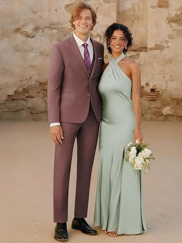 WEEN CHARM Suits for Men,3 Piece Slim Fit Suit Set with 2-Button Blazer,Vest,Pants,Tuxedo for Wedding,Prom,Party,Business Dusty Pink - Image 3