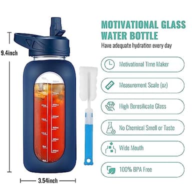 CIVAGO 32 oz Glass Water Bottle with Straw and Handle, Large Sports Motivational Water Bottle Flask with Time Marker and 2 Lids, Leakproof Water Jug Canteen with Silicone Sleeve for Gym,Navy - Image 2