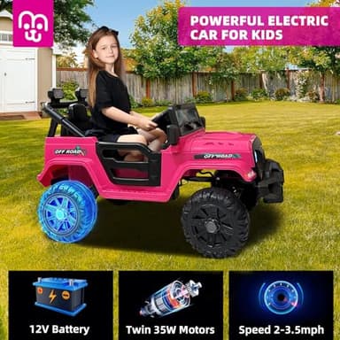 MINIATURE MOTORS 12V Kids Electric Ride on Truck Car Remote Control, Twin 35W Motors 3.5MPH Max Speed, Bluetooth USB Music Player, 4 Wheels Suspension LED Lights Safety Belt, Gift for Boy & Girl-Rosy - Image 3
