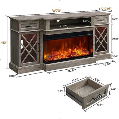 OKD 3-Sided Glass Farmhouse Fireplace TV Stand - Highboy Entertainment Center with Glass Door Storage Cabinet, 70'' Large TV Stands with Electric Fireplace, Light Rustic Oak - Image 2