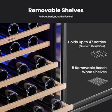 Yeego Wine Fridge Cooler - 24 Inch Wine Fridge Hold 47 Bottles, 40-65°F Wine Refrigerator Glass Door, Built in, Freestanding Under Counter Fridge for Beer Soda Drink Home Bar Office(5.12 Cu.ft) - Image 4