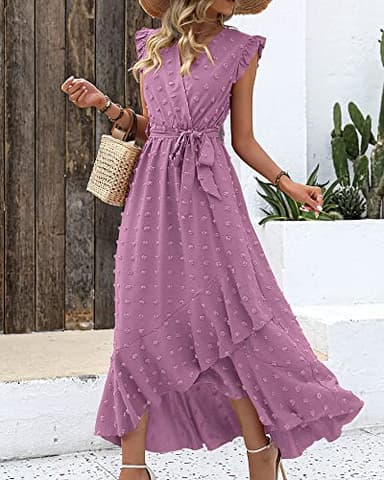 BTFBM Women V Neck Summer Dress 2025 Cap Sleeve Swiss Dot Boho Flowy Ruffle Slit Beach Party Long Maxi Cocktail Dresses(Purple, Small) - Image 5
