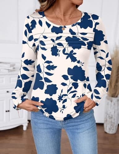 LOMON Ladies Tops and Blouses Long Sleeve Spring Tops Work Shirts for Women Tee Shirts Womens Blue Flower S - Image 3