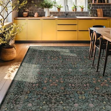 Washable Dark Green Rug for Living Room - 9x12 Large Area Rug for Dining Room Under Table, Bedroom, Soft Low Pile Non-Slip Stain Resistant Carpet - Vintage Floral Design (9x12 Dark Green) - Image 4