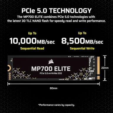 Corsair MP700 Elite 2TB PCIe 5.0 x4 NVMe M.2 SSD – Up to 10,000MB/sec – High-Density 3D TLC NAND – M.2 2280 - DirectStorage Compatible – Black - Image 3